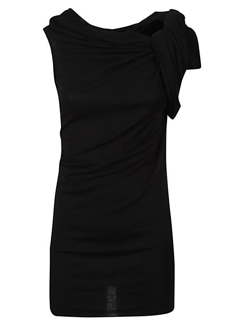 Top nero di RICK OWENS caratterizzato da maniche asimmetriche e tessuto arricciato su una spalla. RICK OWENS | RP02E4110JR09